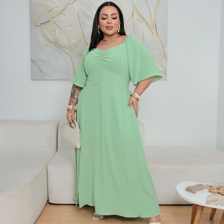 Vestido Longo Festa Plus Size Com Bolso Duna Forrado Lastex Manga