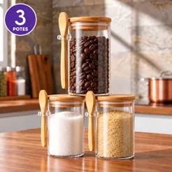 Pote/Colher de Vidro com Tampa de Bambu Hermético Colher 900ml Porta Mantimentos Temperos Saleiro