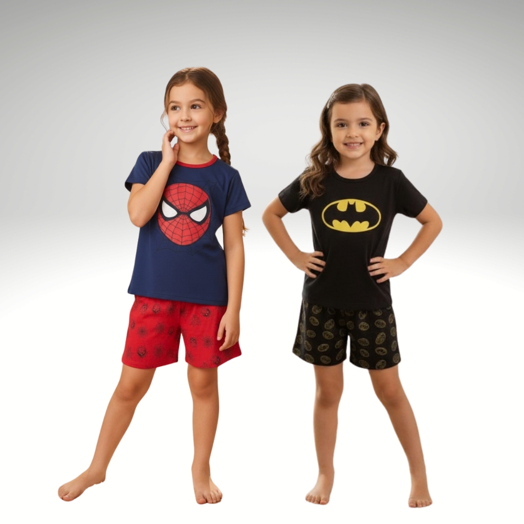 Kit 2 Pijamas Infantil Feminino Conjunto Leve e Confortável Verão Menina Shorts blusa curta Conjunto Estampado Promoção