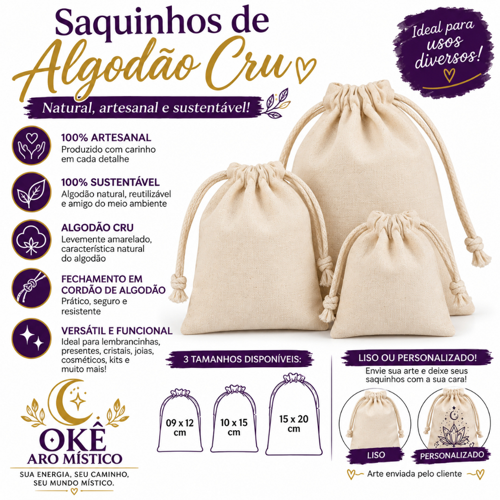 Saquinho de Algodão crú 9x12 lembrancinha Ecobag sacola (10/20/30 unidades)