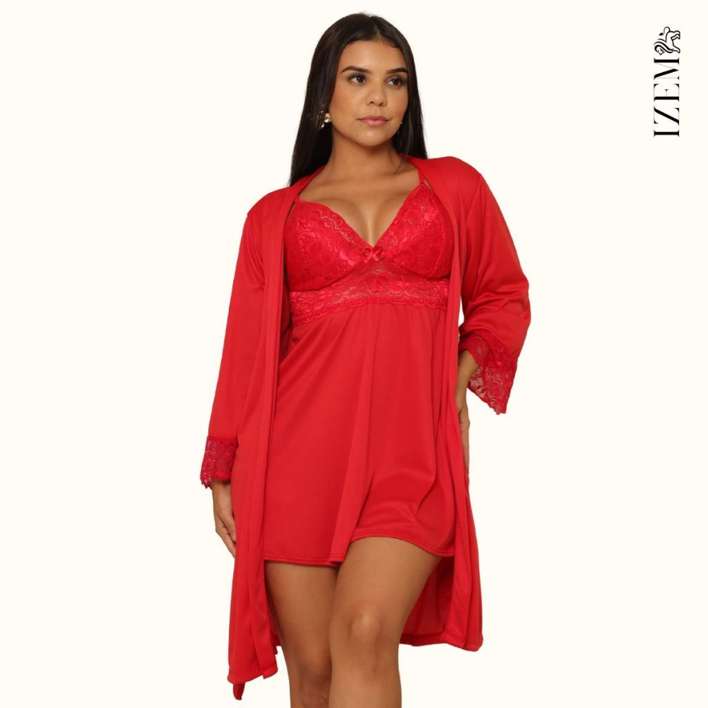 Camisola Feminina Sensual e Robe Roupão com Renda