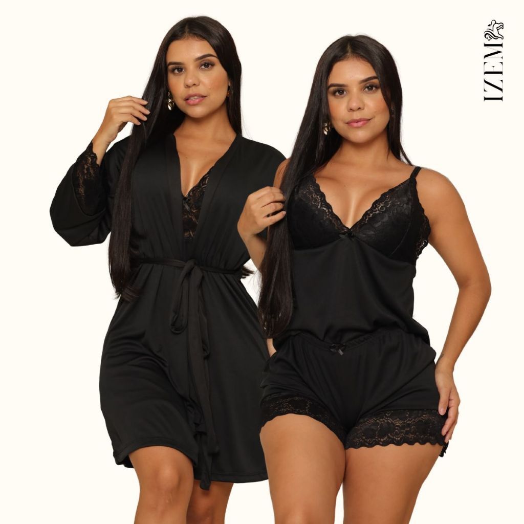 Kit Robe Feminino com Renda e Baby Doll Curto Sensual