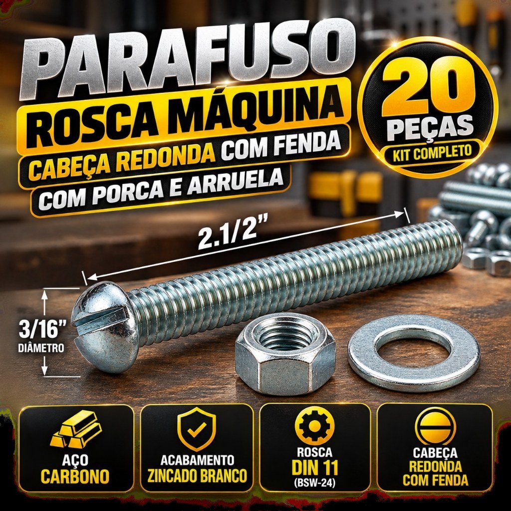 20 Parafusos RM Redonda Fenda 3/16 X 2.1/2+ Porca+Arruela