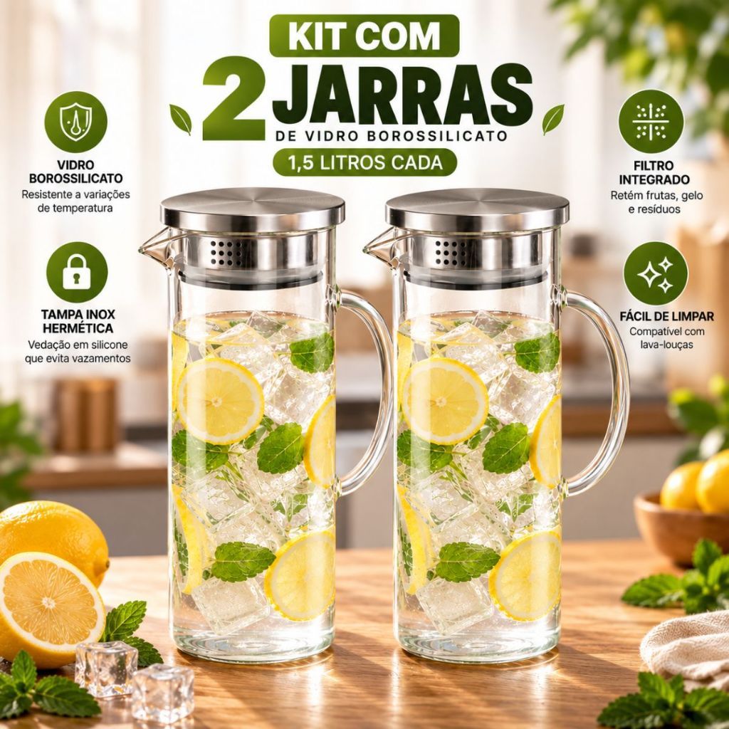Kit 2 jarras de Vidro Borossilicato 1,5 Litro Garrafa Com Tampa de Inox Suco Água Resistente Transparente