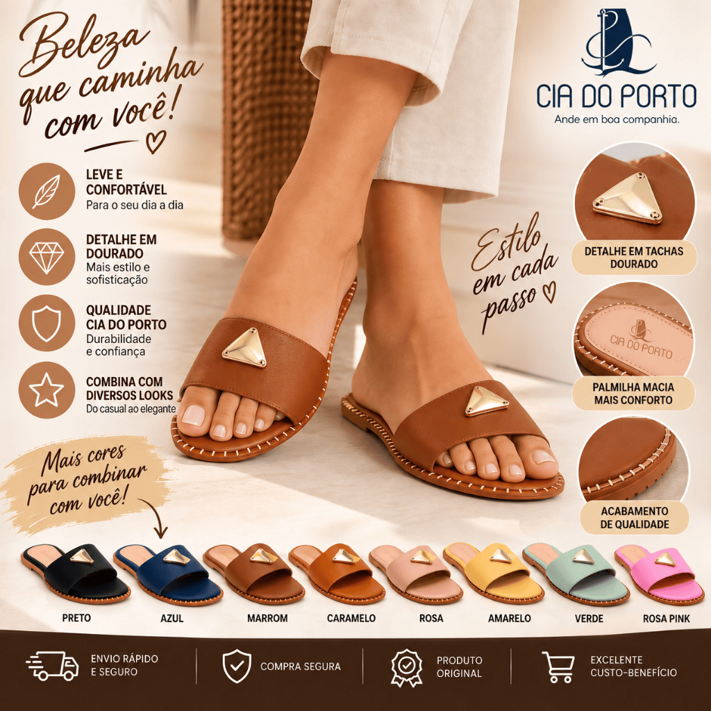 Sandália Rasteira Feminina Cia do Porto Alana Moda Verão Casual