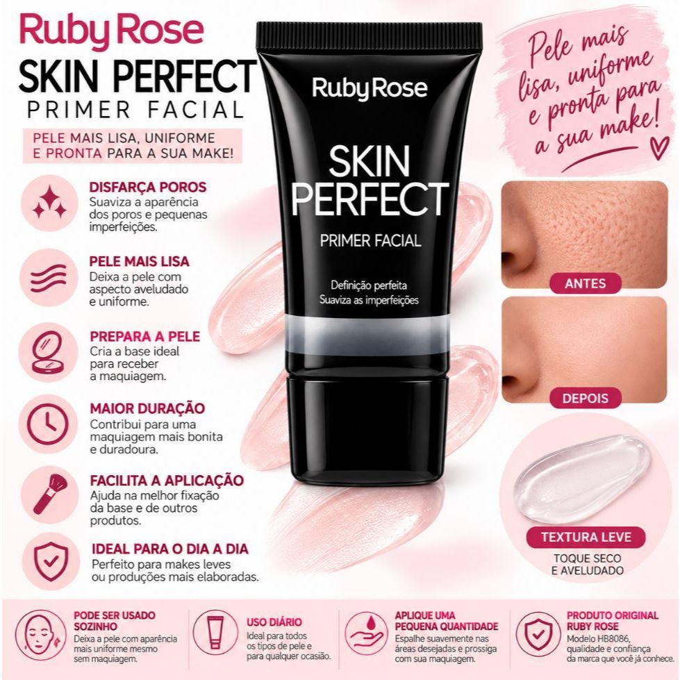 Primer Facial Ruby Rose Skin Perfect HB8086 Pré-Maquiagem Disfarça Poros Pele Uniforme Efeito Liso Alta Fixação — imagem 2 de 2