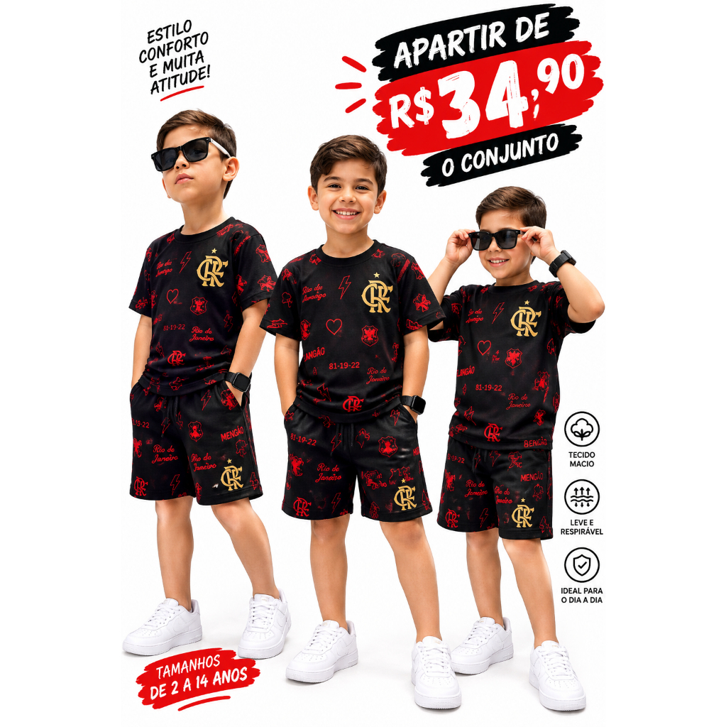 Conjunto Infantil Masculino Menino Camiseta e Bermuda Roupa Infantil Verão 2 a 14 Anos