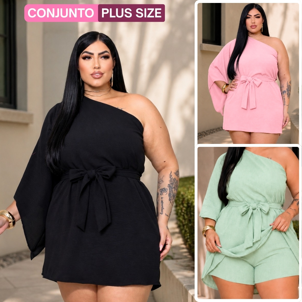 Vestido Alfaiataria Plus Size Macaquinho c/ Short Manga Única GG ao G3