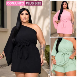 Vestido Alfaiataria Plus Size Macaquinho c/ Short Manga Única GG ao G3