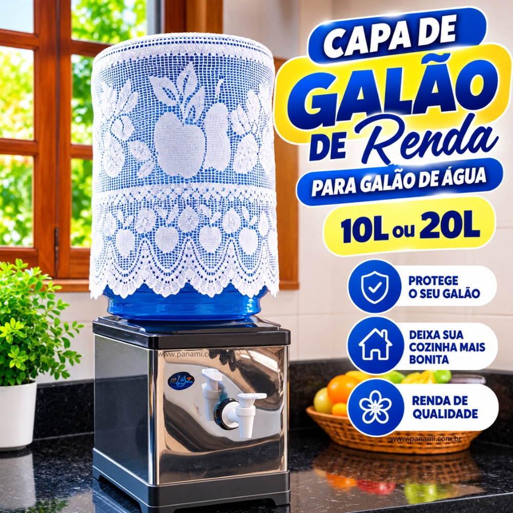 Capa de Galão de Renda de 20 ou 10 Litros| BRANCO Capa para Galao de Agua Garrafão | Cozinha Decorada -  PANAMI