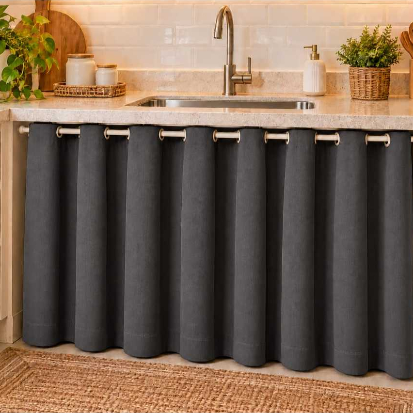 Cortina de Pia Cozinha Lisa com 1,40m x 0,80cm com Ilhós Clean