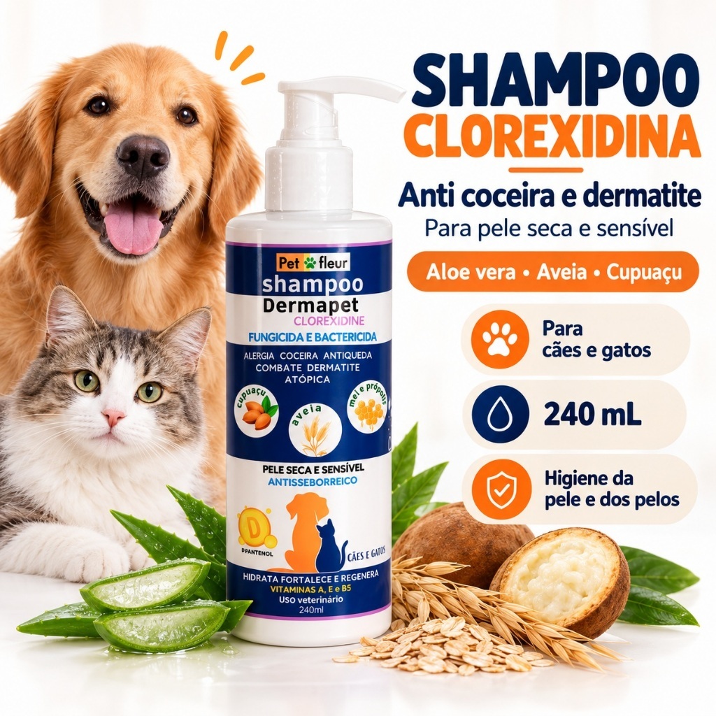 Shampoo Antifúngico Dermapet Clorexidina Combate Alergias E coceiras Cães e Gatos