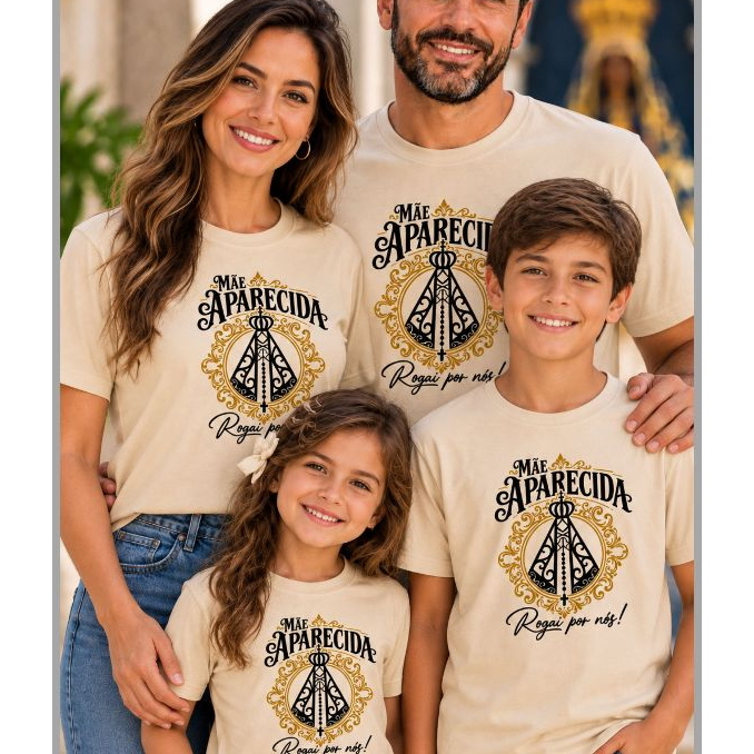 Camiseta Unissex Nossa Senhora Aparecida Algodão Leve e Confortável Blusa para a Família Unissex
