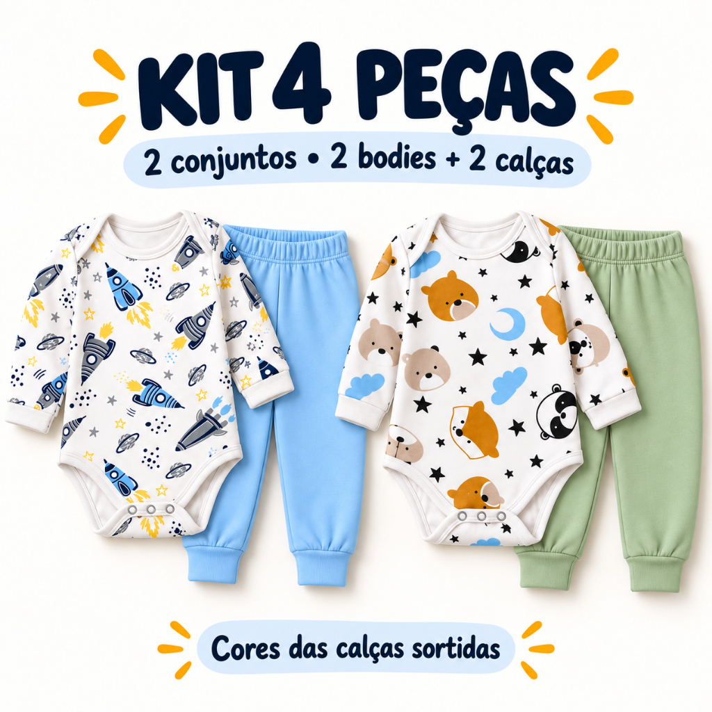 Conjunto Menino 4 Peças Body Manga Longa Estampado + Calça Lisa Sortida