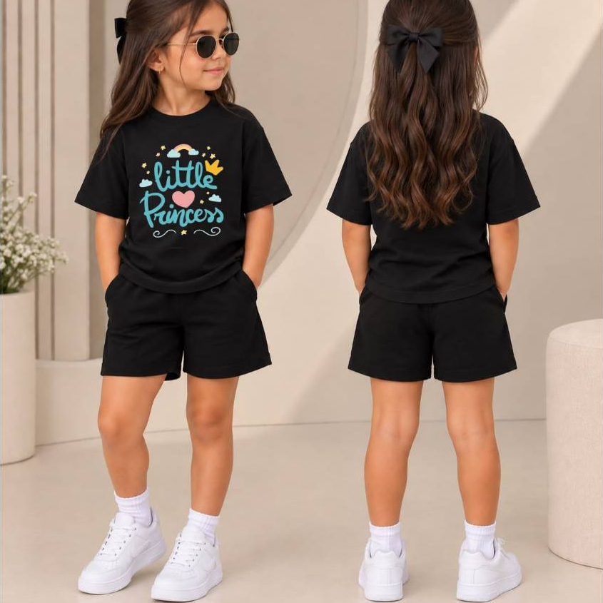 Kit Menina Fashion Conjunto Infantil Feminino com Camiseta Básica Estampa Princess e Short de Moletom Confortável