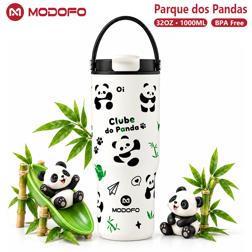 MODOFO Copo Termico Infantil Panda 1 Litro Inox 304 com Canudo Alça Tampa Antivazamento BPA Free
