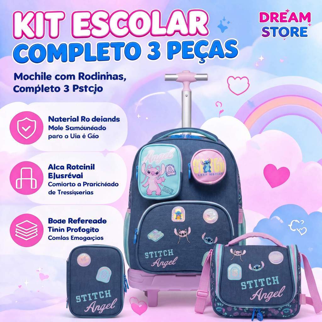 Kit Mochila Rodinha Stitch Disney Escolar Estojo Lancheira Espaçosa