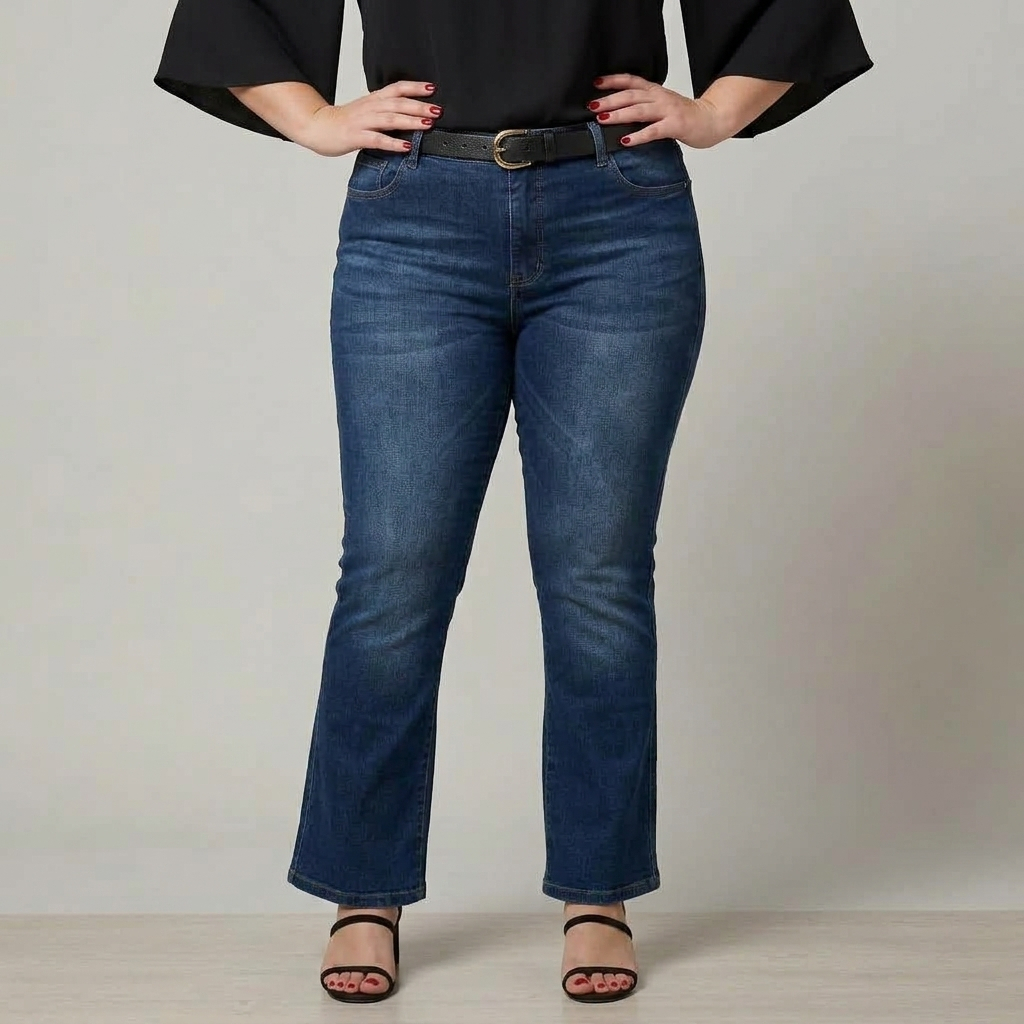 Calça Jeans Feminina Reta Azul Escuro Jeans Cintura Alta Bolsos Traseiros Bivik Jeans