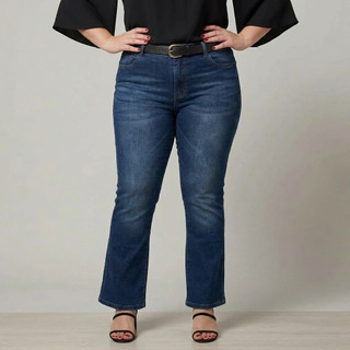 Calça Jeans Feminina Reta Azul Escuro Jeans Cintura Alta Bolsos Traseiros Bivik Jeans