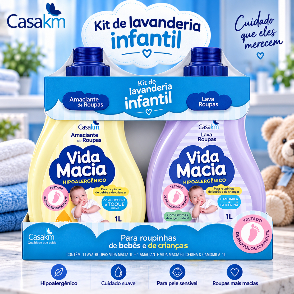 Kit Vida Macia Lava Roupas 1L + Amaciante Glicerina e Camomila 1L Bebê Hipoalergênico Suave Casa KM