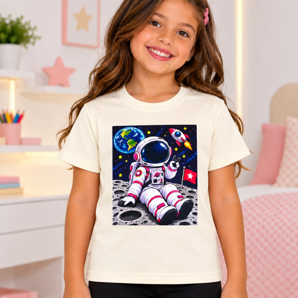 Camiseta Infantil Feminina Astronauta Estampada Espaço Casual Confortável Versatil Atemporal