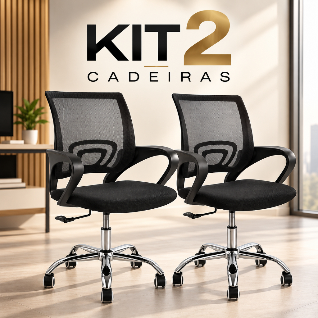 Kit 2 Cadeiras De Escritório Executiva Ergonômica Com Rodinhas Inox e Nylon