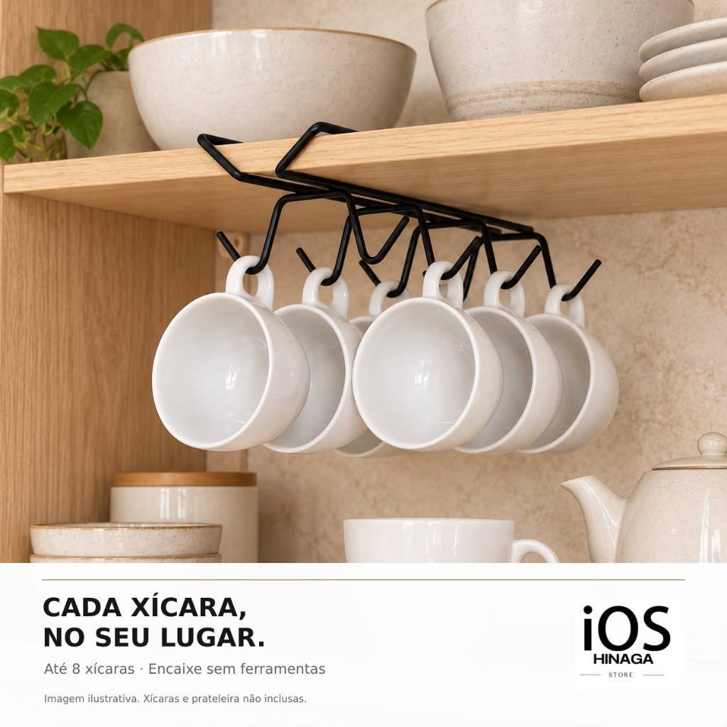 Porta Xícaras Suporte Organizador Armário Cozinha Aço P/ 8 XICARAS