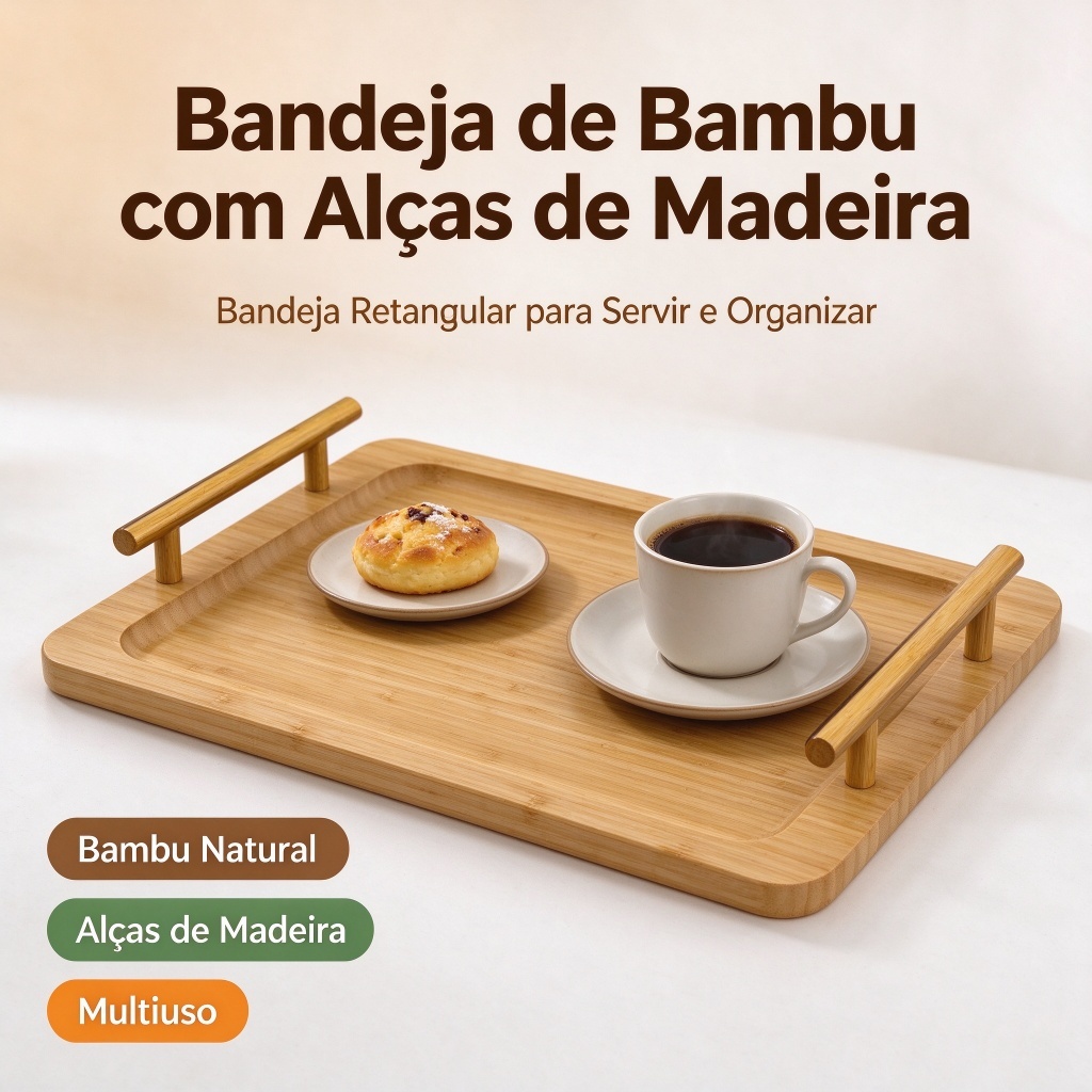 Bandeja de Bambu e Madeira com Alças Douradas -Um Design Sofisticado Adequado para Todas as Ocasiões