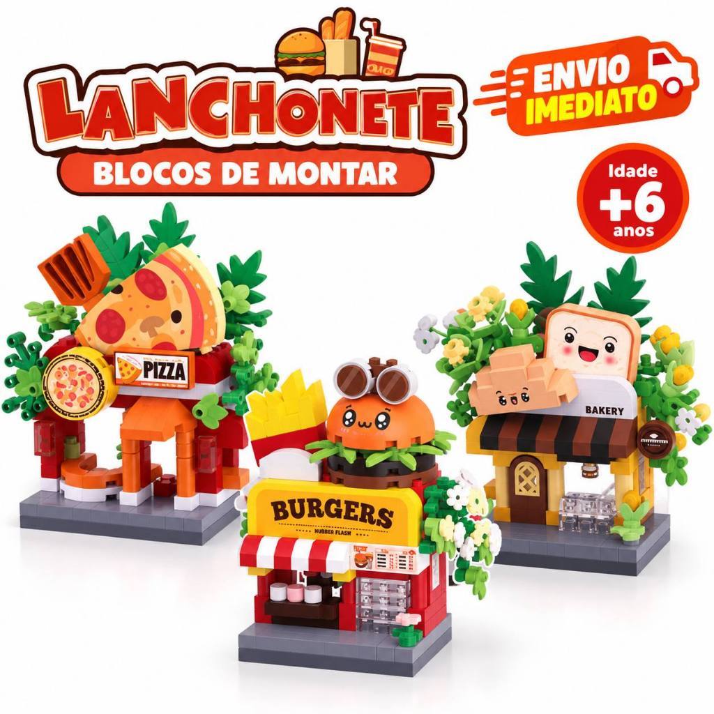 Lanchonete de Blocos de Montar Mini Blocos 3 Modelos Brinquedo Criativo Pizza Hambúrguer Padaria
