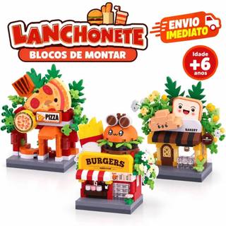 Lanchonete de Blocos de Montar Mini Blocos 3 Modelos Brinquedo Criativo Pizza Hambúrguer Padaria