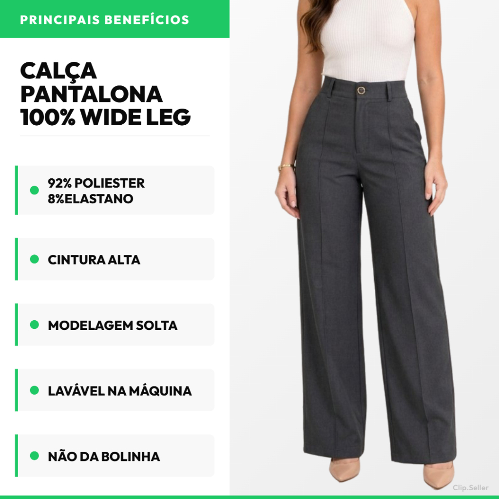 Calça pantalona alfaiataria femenina cintura alta social wide leg executiva com bolso trabalho e casual
