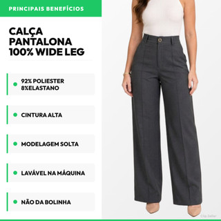 Calça pantalona alfaiataria femenina cintura alta social wide leg executiva com bolso trabalho e casual