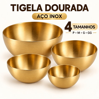 Kit 4 Tigelas de Aço Inox Douradas Bowl Multiuso para Cozinha Salada Sobremesa Tamanhos Variados