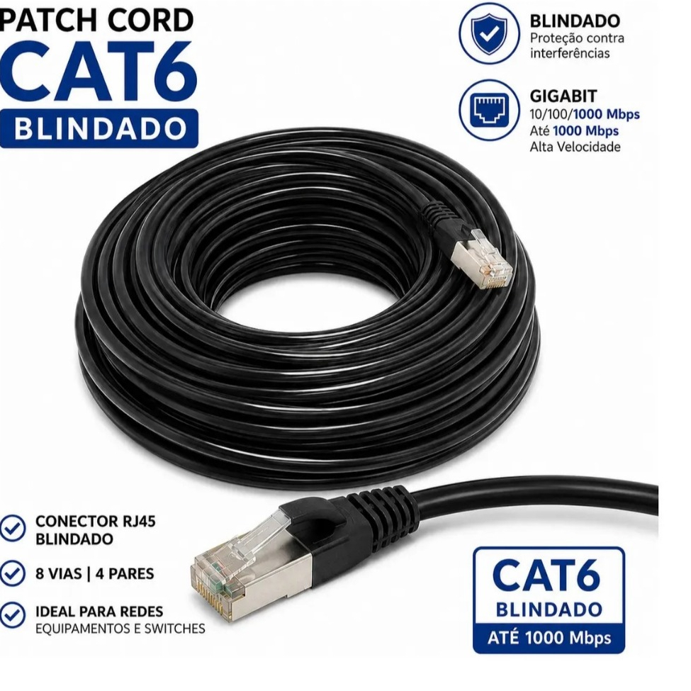 Cabo de Rede CAT6 Blindado Preto 1m 2m 3m 5m 10m 15m 20m 30m 50m Cabo de Rede Gigabit RJ45 Ethernet Internet CFTV SFTP
