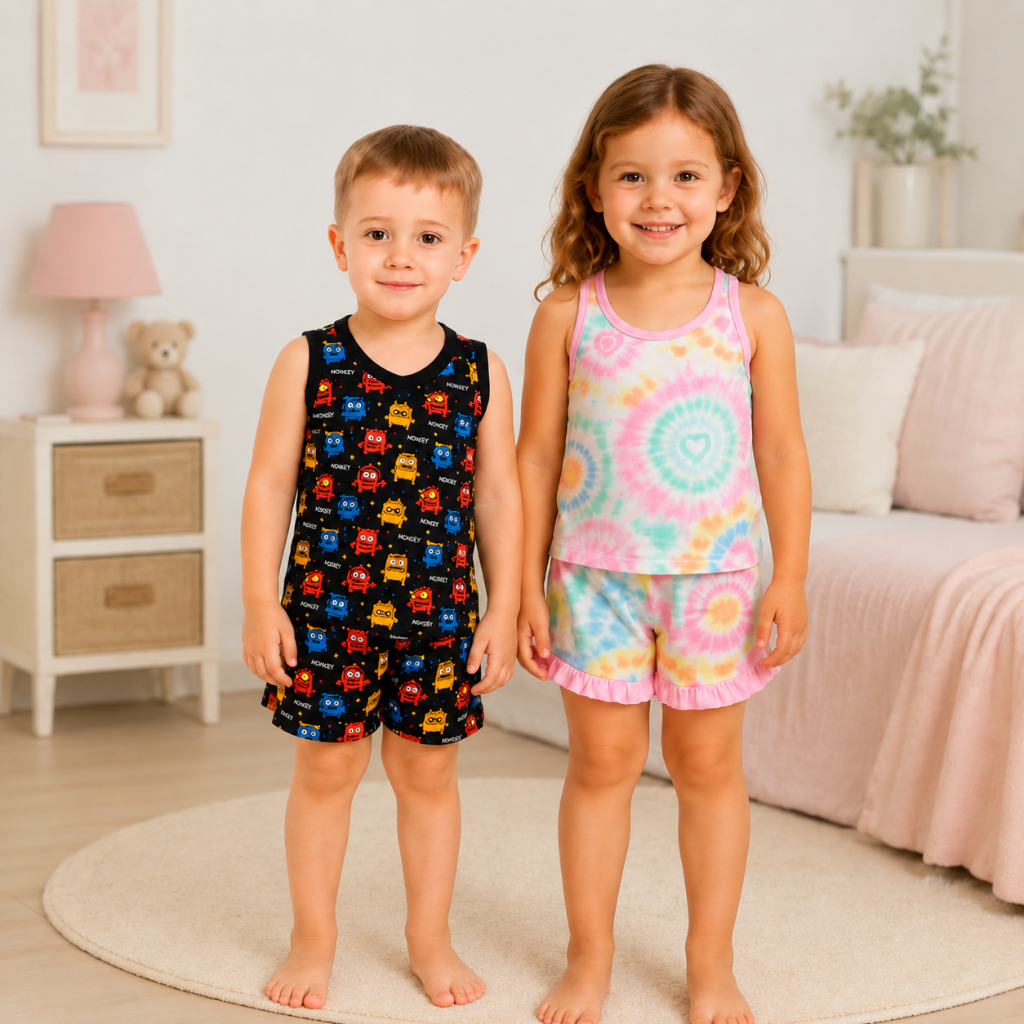 Pijama Regata masculino Menino e Menina 100% algodão verão confortável estampados