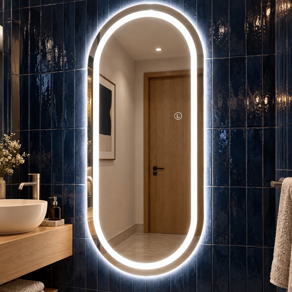 Espelho Lopazzi Oval 90x50cm Polido 3 Cores de Led Bi Volt (Quente, Neutro e Frio) Para Lavabo, Camarim, Vestiário