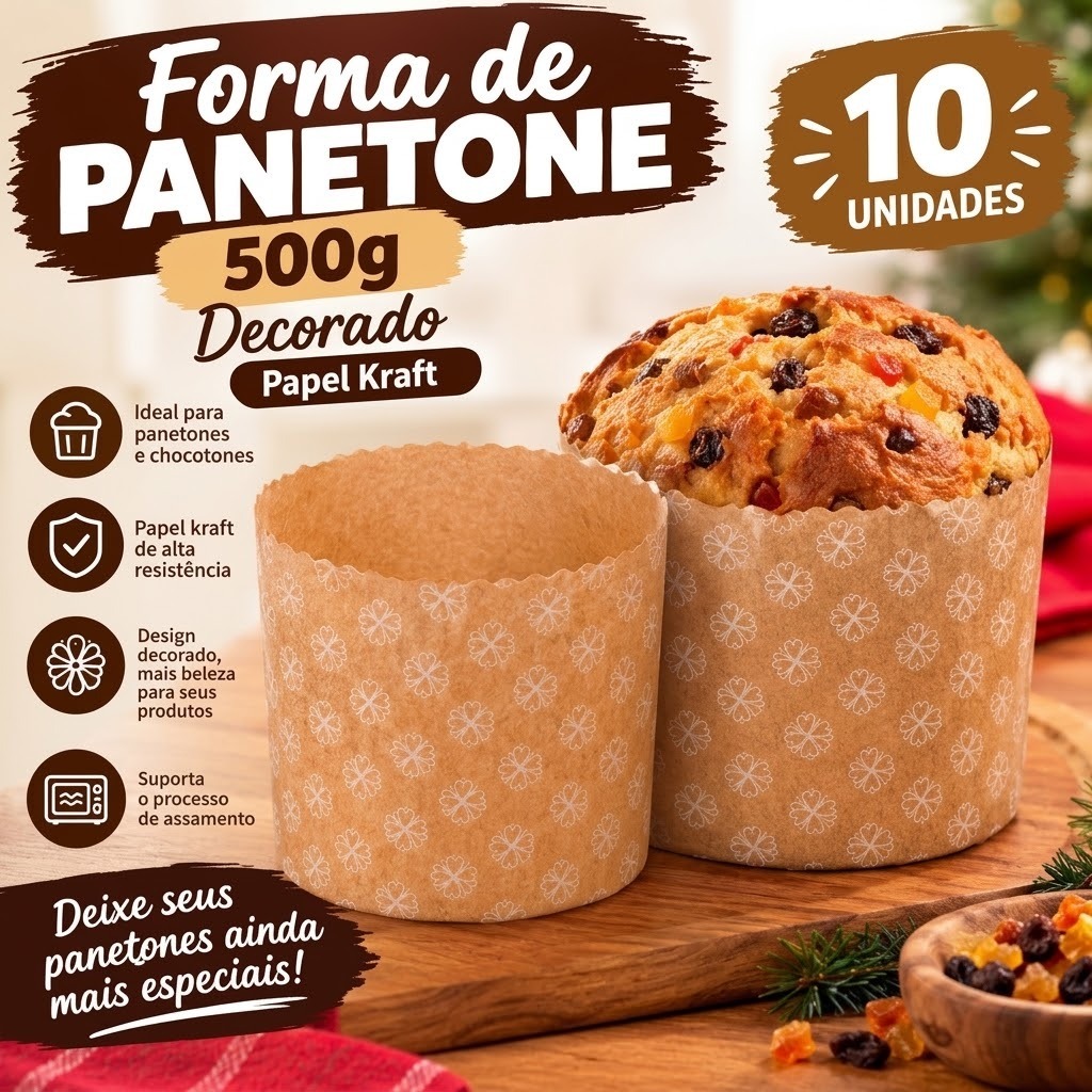 Forma de Panetone 500g Decorado com 10 unidades Papel Kraft
