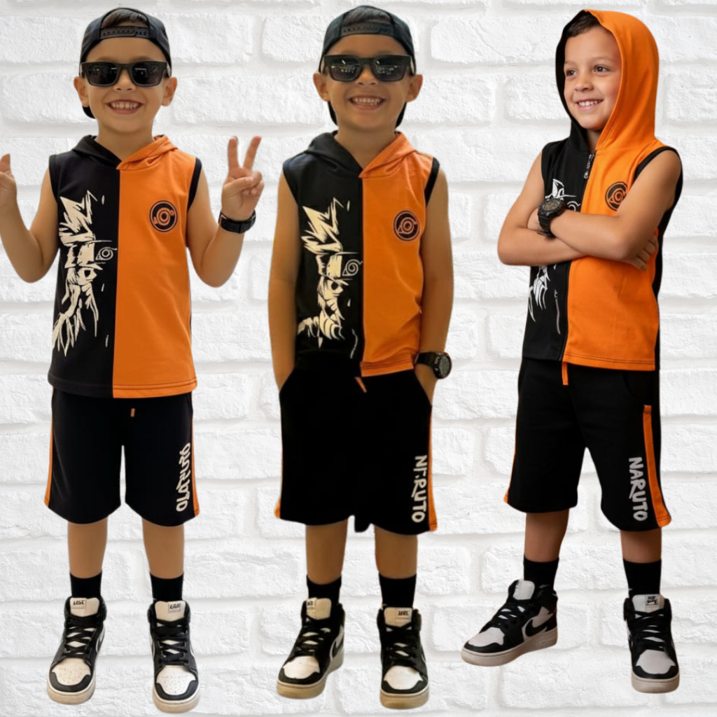 Conjunto de Menino Infantil Juvenil Naruto Camisa e Bermuda Masculina Lançamento do 2 ao 14 anos