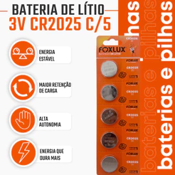 Pilha Bateria Moeda 3V CR2025 Foxlux Lítio Kit com 5