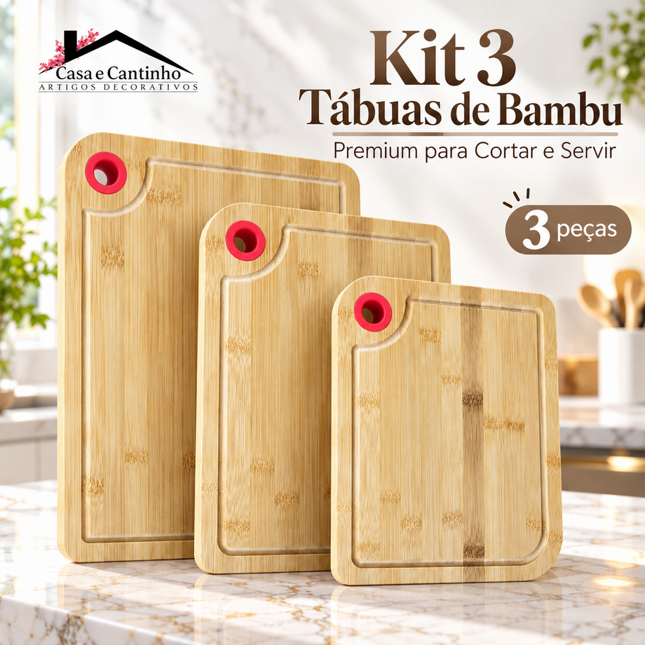 Kit Tábua de Bambu 3 Peças Com Alça Silicone Cortes Petisqueira Premium Frios de Servir Cozinha