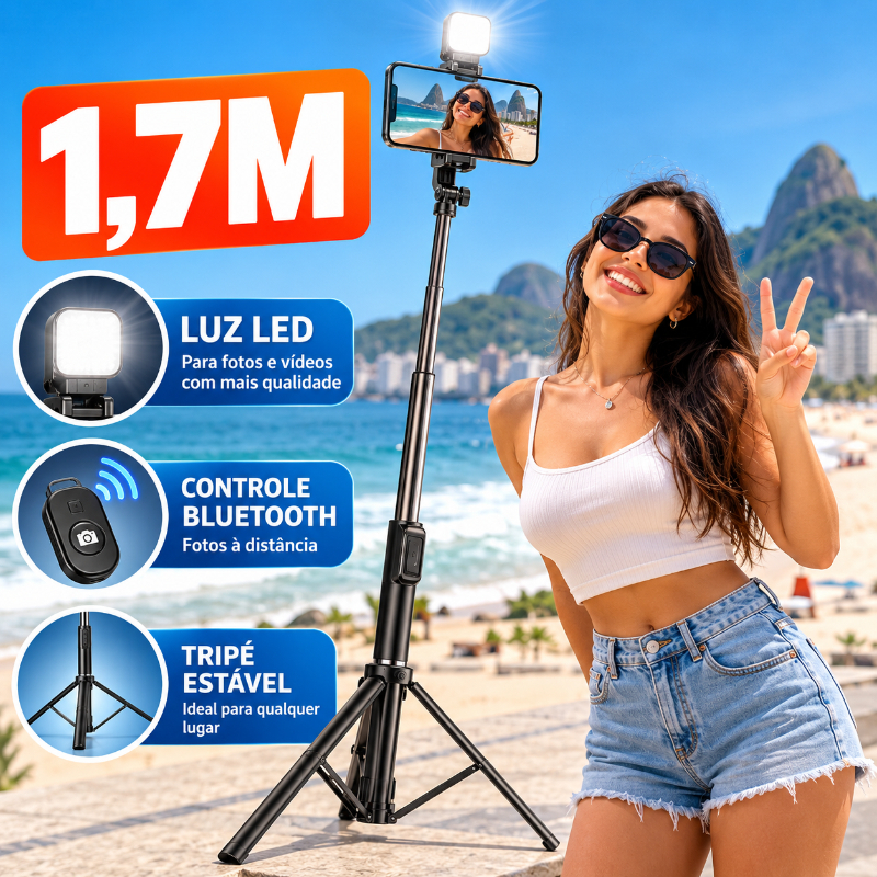Tripé Selfie 1,7M / 78CM com Luz LED Bluetooth Controle Remoto para Fotos e Vídeos