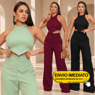 Conjunto em Alfaiataria Feminino Calça Pantalona Social Com Cropped Costas nua Elegante