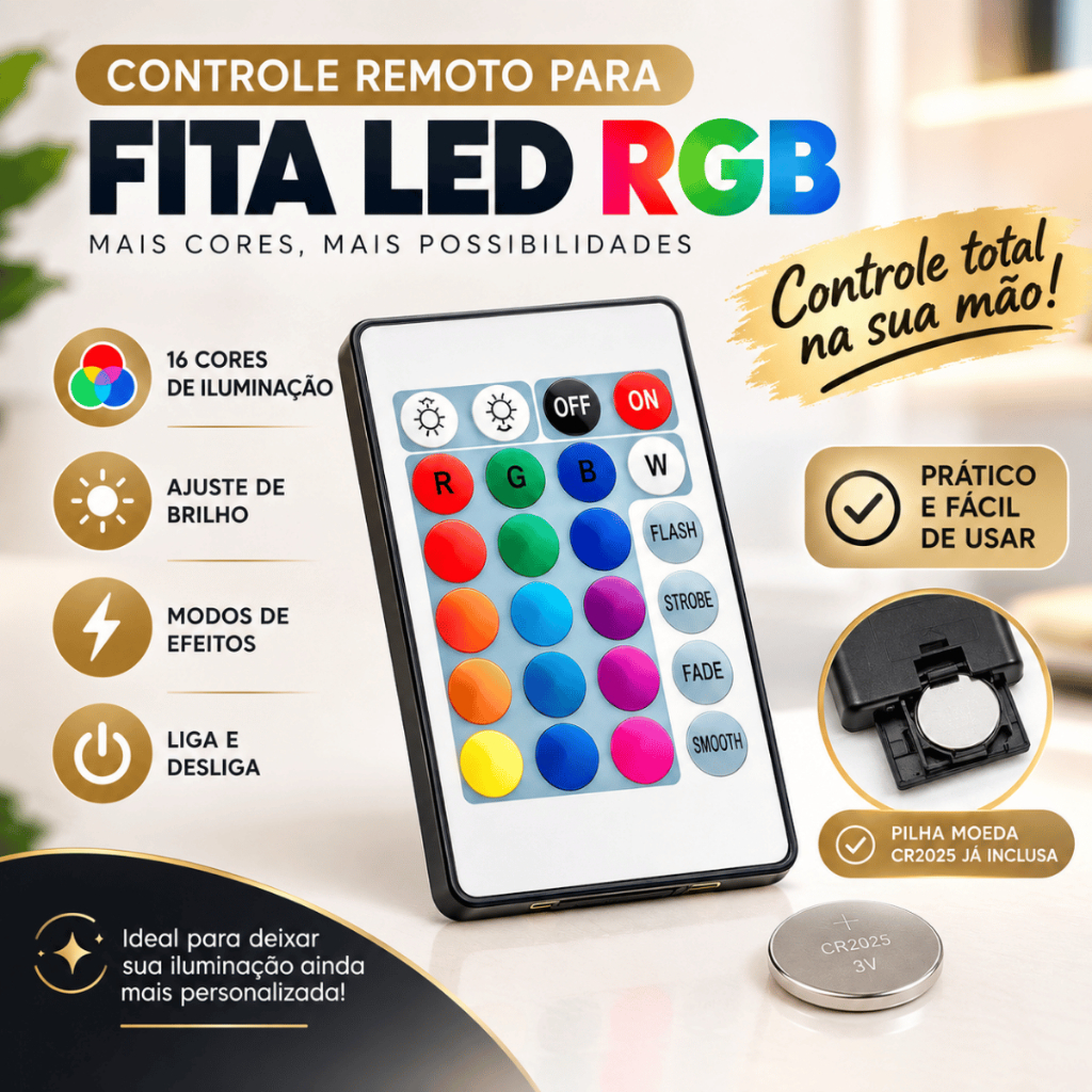 Controle Remoto para Fita LED RGB 24 Teclas 16 Cores com Ajuste de Brilho e Efeitos Flash Strobe Fade Smooth + Pilha CR2