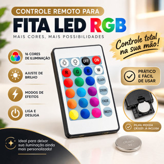 Controle Remoto para Fita LED RGB 24 Teclas 16 Cores com Ajuste de Brilho e Efeitos Flash Strobe Fade Smooth + Pilha CR2