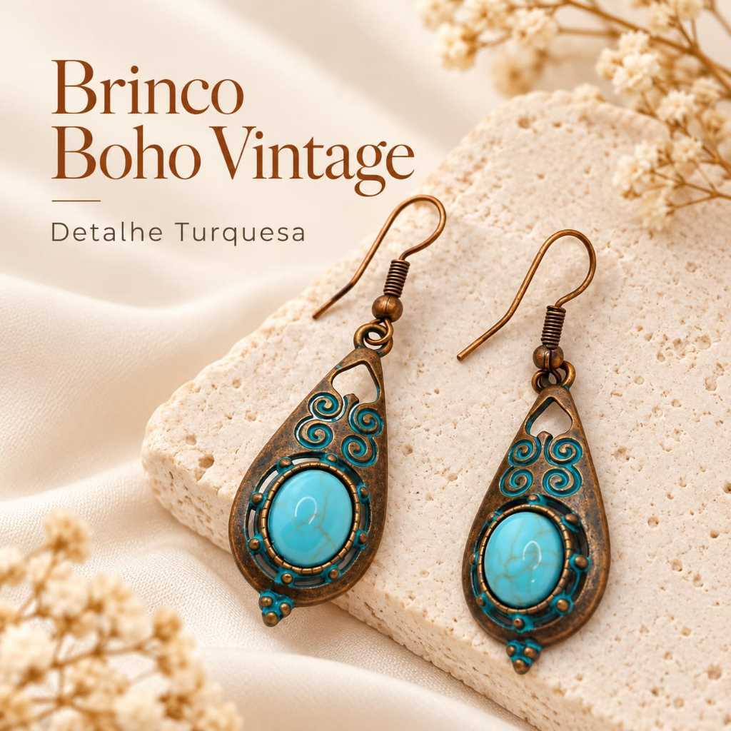 Brinco Feminino  Pendente Estilo Boho Étnico Vintage  Turquesa