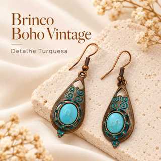 Brinco Feminino  Pendente Estilo Boho Étnico Vintage  Turquesa