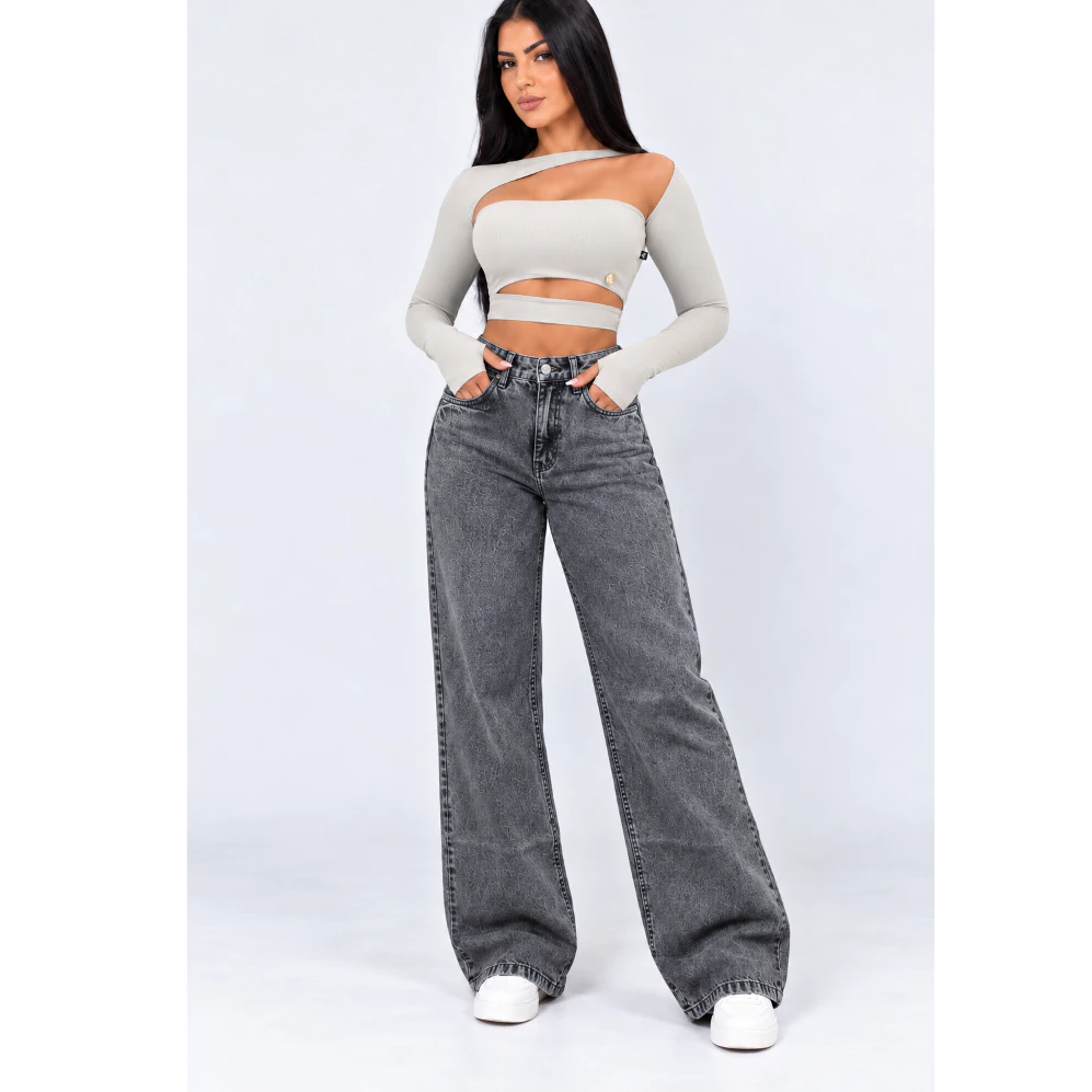 calça wid leg feminina Jeans Cintura Alta Cós Alto sem Lycra Grossa Rasgada Cinza Grafit Marmorizada