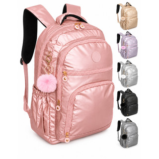 Mochila Feminina Preta Metalizada Chaveiro Pompom Reforçada Resistente á Água Escolar Viagem Passeio