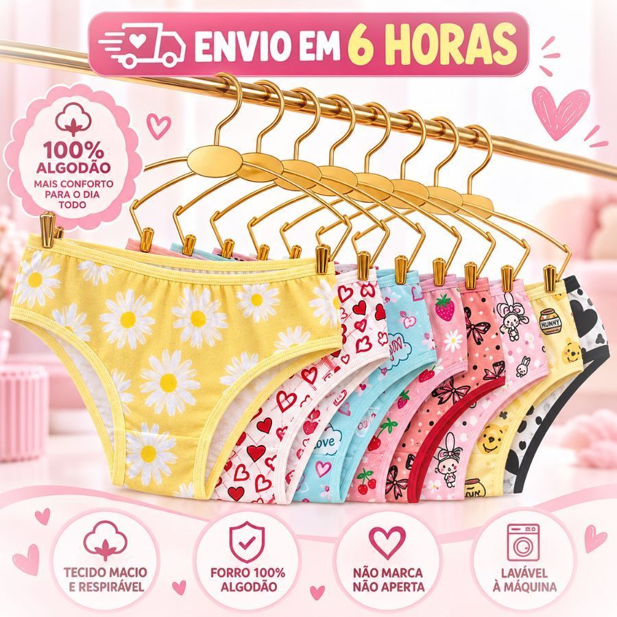 Kit 10 Calcinhas Juvenil 100% Algodão Confortável Calcinha para Meninas Infantil