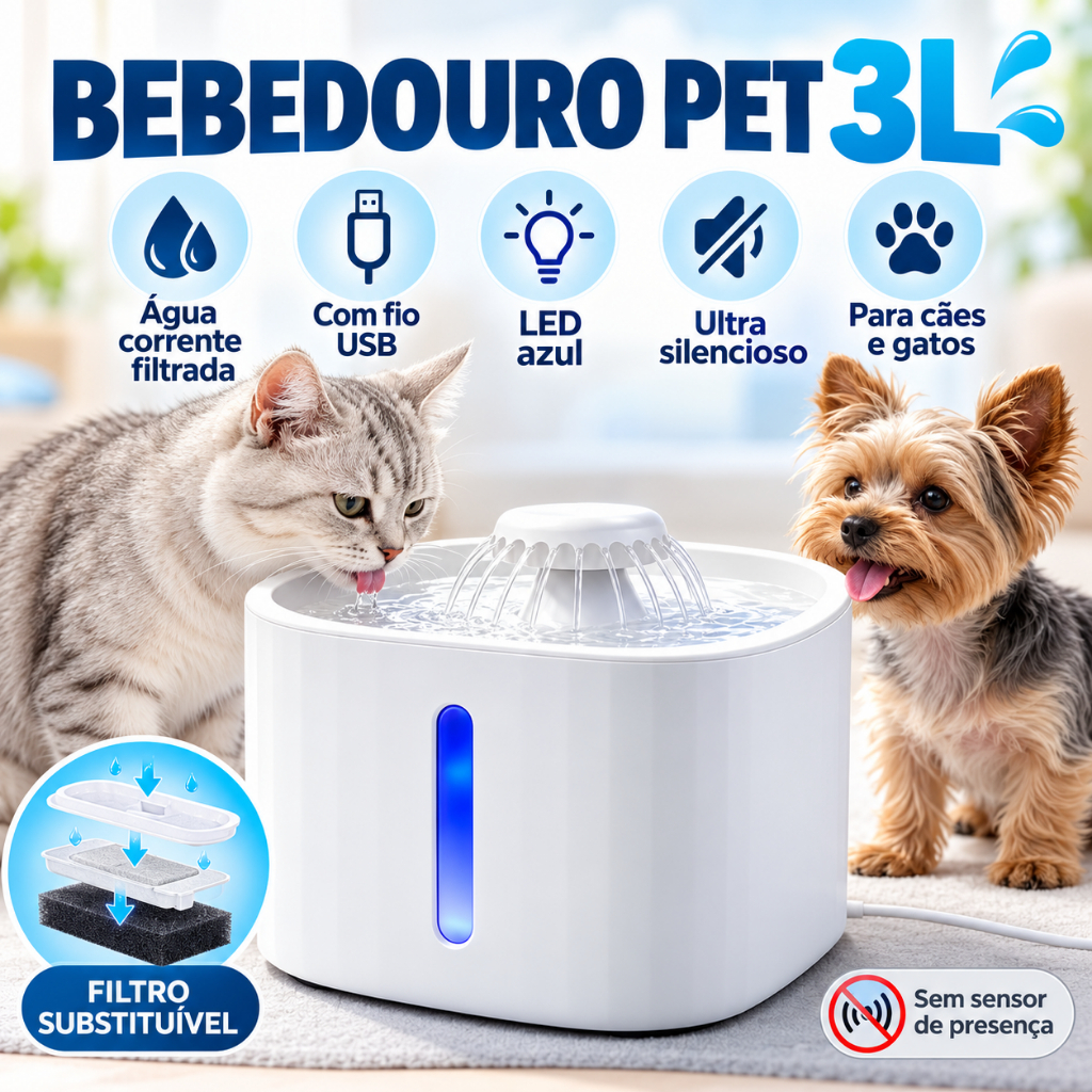 Bebedouro Fonte de Água Automático para Cachorro e Gato com Filtro e Bomba Silenciosa